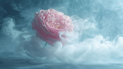 Poster - A delicate pink rose emerges from swirling mist, creating a serene and ethereal atmosphere.