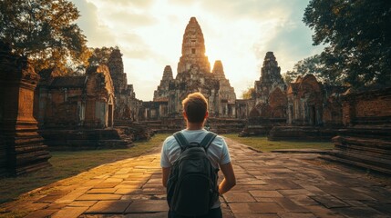 Wall Mural - Traveler facing ancient temple ruins at sunset