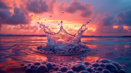 Poster - A vibrant sunset reflecting on water with a splash creating ripples and bubbles.