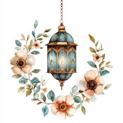 Wall Mural - Blue Lantern with Watercolor Floral Wreath