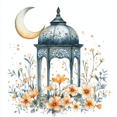 Wall Mural - Blue Ornate Lantern with Yellow Flowers and Crescent Moon Watercolor Painting