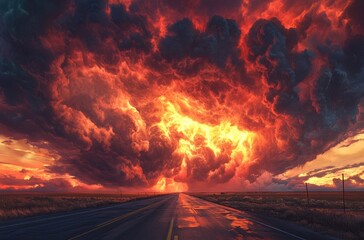 Wall Mural - A massive supercell thunderstorm over the flat plains of New Mexico, a low-angle shot from inside an empty country road looking up at it