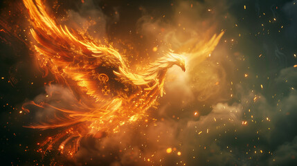 Wall Mural - A majestic phoenix rising from glowing embers