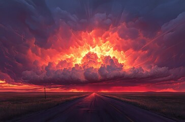 Wall Mural - A massive supercell thunderstorm over the flat plains of New Mexico, a low-angle shot from inside an empty country road looking up at it