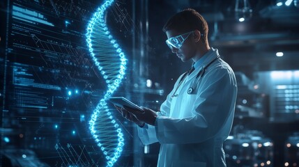 a doctor analyzing a glowing dna helix on a tablet in a futuristic lab,