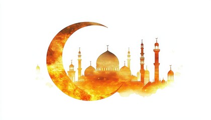 Wall Mural - Fiery Crescent Moon and Mosque Silhouette Against White Background