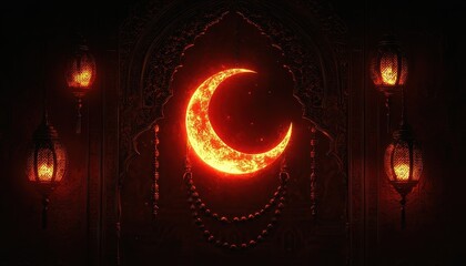 Aufkleber - Glowing Crescent Moon with Ornamental Lanterns in Dark Background