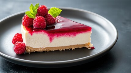 Wall Mural - Creamy cheesecake slice sitting elegantly on dark plate, topped with bright raspberries and glistening raspberry sauce drizzle, contrasting against deep background