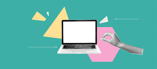 Poster - Retro futuristic laptop collage with geometric shapes in halftone style for creative design