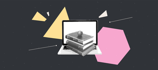 Poster - Retro halftone laptop and books collage with abstract geometric shapes for trendy design