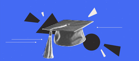 Poster - Graduation cap illustration with geometric shapes in halftone style for trendy design projects