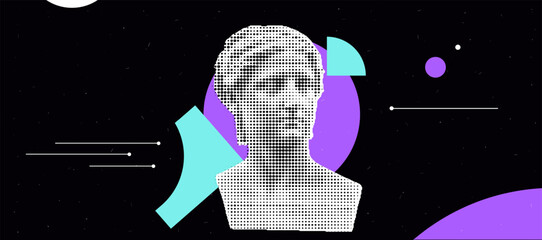 Poster - Abstract pop art collage with halftone classical sculpture on black background