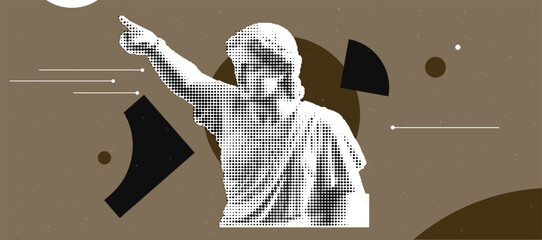 Poster - Retro halftone statue collage with geometric shapes in vintage pop art style