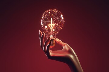 Poster - a person's hand holding light bulbs, encircled by network lines, embodies the concept of innovation,