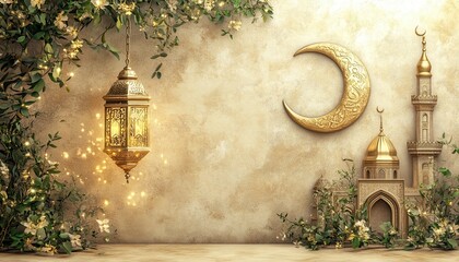 Wall Mural - Golden Lantern and Crescent Moon with Mosque Silhouette Against Beige Wall