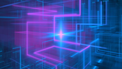 Fototapete - vibrant digital landscape showcases bright neon geometric shapes and glowing lines in shades of blue and pink. futuristic design forms an immersive visual experience, captivating viewers. 3d render