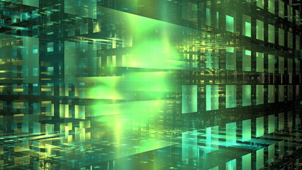 Fototapete - Intricate geometric patterns form a visually striking digital abstract with vibrant green tones and dynamic lighting effects, creating a futuristic atmosphere filled with depth. 3d render