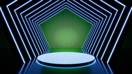 Fototapete - Bright neon lines create a geometric stage design with a green backdrop and a circular platform, ideal for performances, presentations, or events in a modern setting. 3d render
