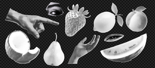 Wall Mural - set of hands gestures at the popart style and halftone effect on the transparent grid background. tr