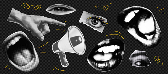 Wall Mural - set of hands gestures at the popart style and halftone effect on the transparent grid background. tr