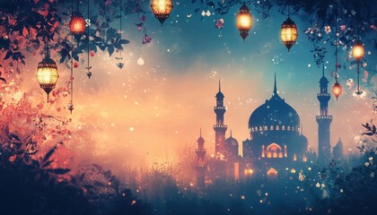 Wall Mural - Magical Nighttime Mosque with Glowing Lanterns