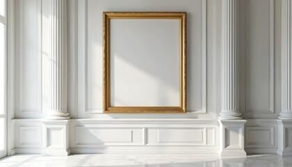 Leinwandbilder - Rectangular empty painting in gold frame on white wall, between columns. Sunlight. Classic interior with copy space. Luxury style gallery, museum. Place your art, image, picture, or poster.