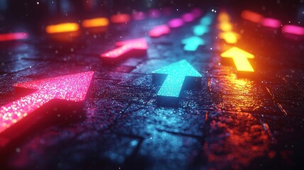 Poster - A dynamic, abstract design featuring bright arrows in various colors that converge and diverge embodies the concepts of movement and progress within a digital world