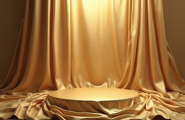 Poster - Luxurious gold podium background with draped silk fabric. Golden pedestal smooth satin texture, flowing design. Elegant wallpaper design for product display, holiday celebration, festive event.