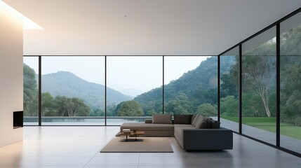 Fototapete - Large windows framing majestic mountain landscape, minimalist living room with spacious sofa creating serene interior design environment