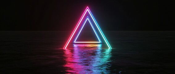 Poster - Stock image wallpaper featuring a neon cyberpunk style banner with geometric abstract glowing designs, suitable for advertising and promotional backgrounds