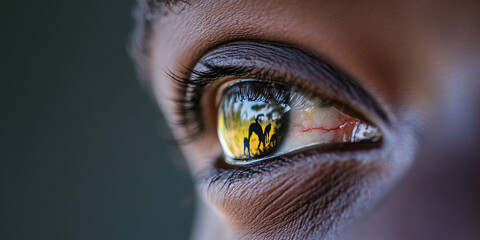 Human Eye Reflecting Silhouetted Animals in Landscape