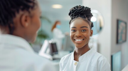 A happy young woman in a dental office.