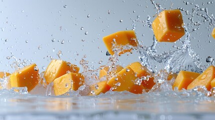 Poster - Cubes of cheese splashing into water, creating dynamic motion and visual interest.
