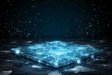 Poster - glowing blue particles and lines populate a digital landscape, forming an atmosphere that is both et