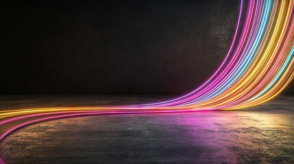 Poster - In the darkened room, a row of neon lights in multiple colors has been installed, and they are currently radiating a vibrant glow