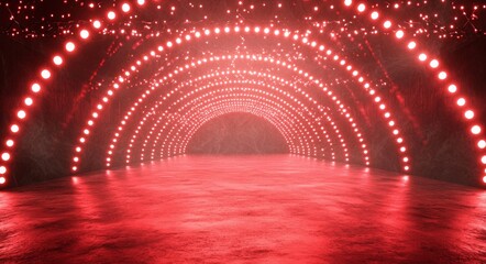 Poster - The hallway in the image, long and narrow with red lines, is characterized by its red and white coloration and red lighting, combining to produce a sense of depth and movement, and yielding a bold