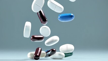 Poster - Colorful pills and capsules are falling and bouncing on a light blue surface, isolated on a white background, creating a visually appealing slow motion sequence