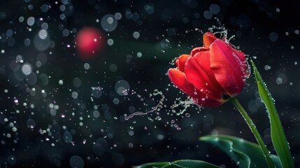 Poster - A vibrant red tulip surrounded by water droplets and bokeh effects, creating a serene atmosphere.