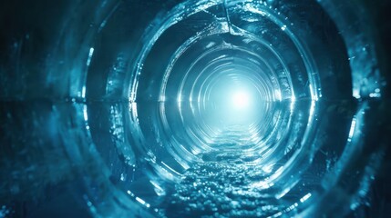 Poster - A view inside a futuristic, illuminated tunnel with shimmering water.
