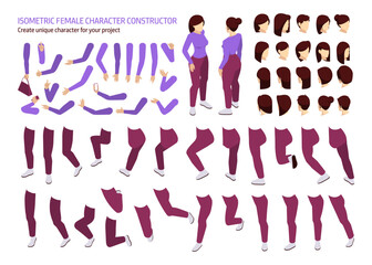 Poster - Woman character constructor, create unique isometric personage for your project. Vector young female in casual clothes. Set of different positions of hands, legs and hair style. DIY kit