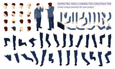 Poster - Isometric set of different positions of arm and leg for animation, male character constructor. Vector create unique businessman character for your project. Body parts, hair and beard style