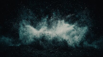 Poster - Viewed closely, a dramatic effect is achieved by the combination of a misty background and a pile of dark particles that seem to be suspended in air, thereby enhancing the visual depth of the scene