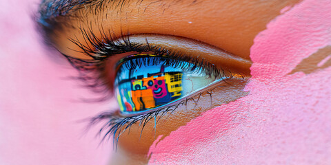 Poster - Close-up of Eye Reflecting Abstract Multicolored Image with Pink Paint