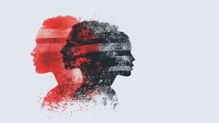 Poster - Echoes of Identity: Abstract silhouettes of two faces, one red and one grayscale, overlap in a dynamic composition, evoking themes of duality and introspection.
