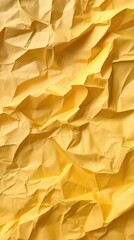 Poster - Crumpled yellow paper displaying textured surface, highlighting wrinkled patterns with dynamic lighting and shadowy contours against clean background