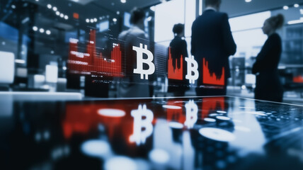 Poster - Cryptocurrency Trading Floor: A modern trading floor pulses with the energy of the cryptocurrency market, digital graphics of Bitcoin. 