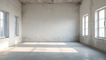 Fototapete - White empty room with raw concrete floor, ceiling, walls, windows. Sunlight through window creates minimalist interior background for loft apartment, office. Abstract building architectural indoor