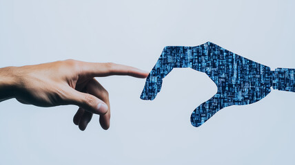 Poster - Human and Artificial Touch: A symbolic visual narrative of human interaction and technological advancement, depicting a human finger gently touching the digital hand of an AI or robot.