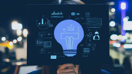 Poster - Embracing Innovation: A person holds up a sign, a lightbulb, as the concept of innovation illuminates the foreground, with a graphical representation of ideas and data analysis in the background.