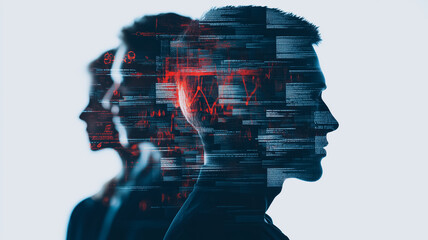 Poster - Digital Minds: Captivating silhouettes of individuals, interwoven with a network of data and information, symbolizing the intersection of human intellect and technology.
